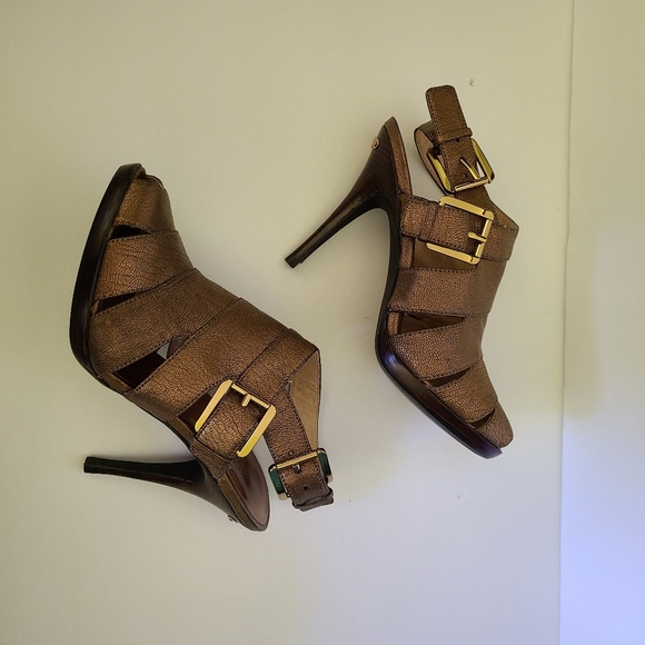 Michael Kors gold leather strappy heels peep-toe sandals - Picture 4 of 6